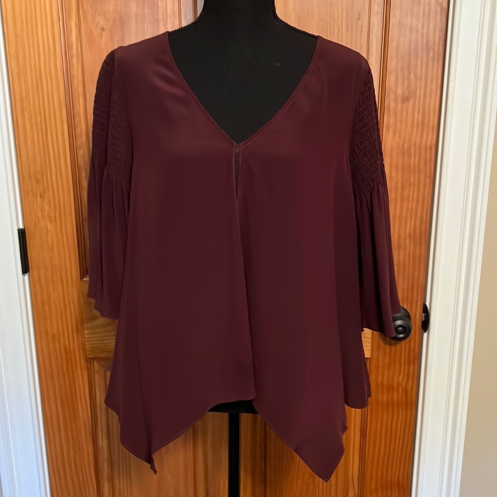 Tyrb maroon silk handkerchief hem top with lovely details.